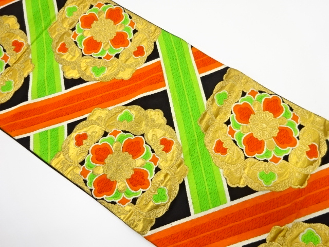 アンティーク　斜め格子に華紋織り出し袋帯（着用可）